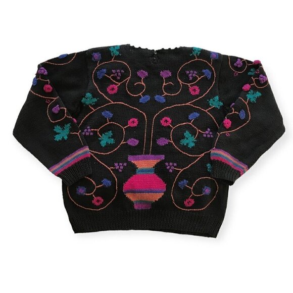 Vintage Needleworks hand knitted chunky cotton sweater, Flower Embroideries,  si - Picture 2 of 15